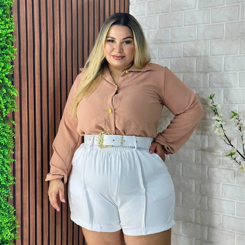 Conjunto Plus Size Feminino Blusa Social e Short com Cinto