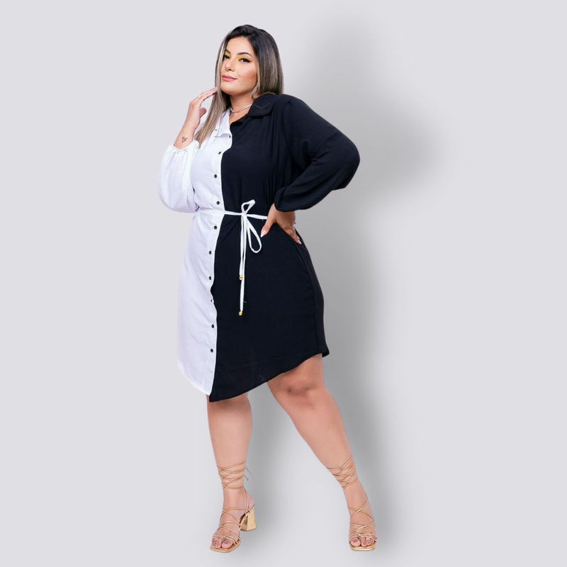 Vestido Chemise Feminino Plus Size Com Botões Bicolor 0234