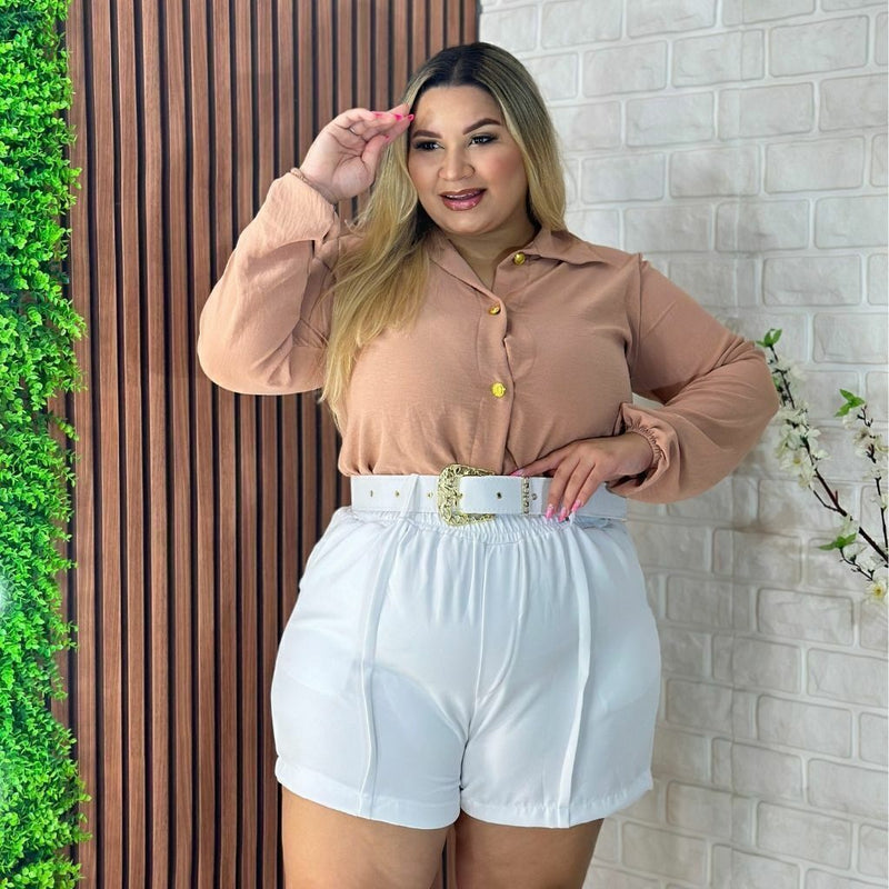 Conjunto Plus Size Feminino Blusa Social e Short com Cinto