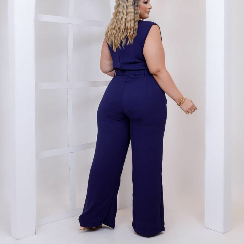 Macacão Plus Size Feminino Longo Pantalona c Cinto Corrente 0330