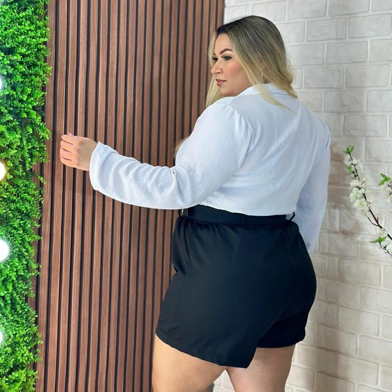 Conjunto Plus Size Feminino Blusa Social e Short com Cinto