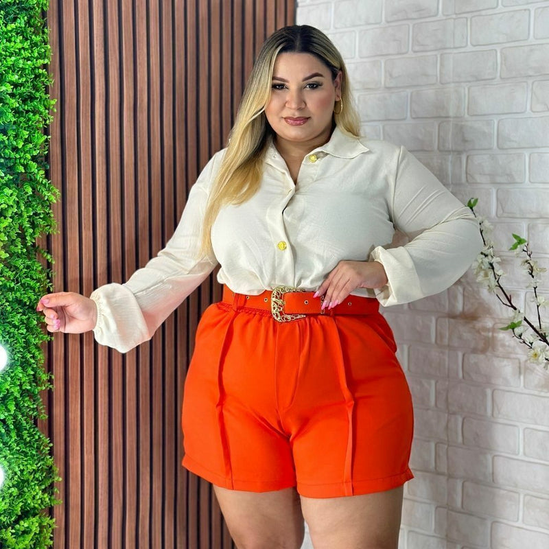 Conjunto Plus Size Feminino Blusa Social e Short com Cinto
