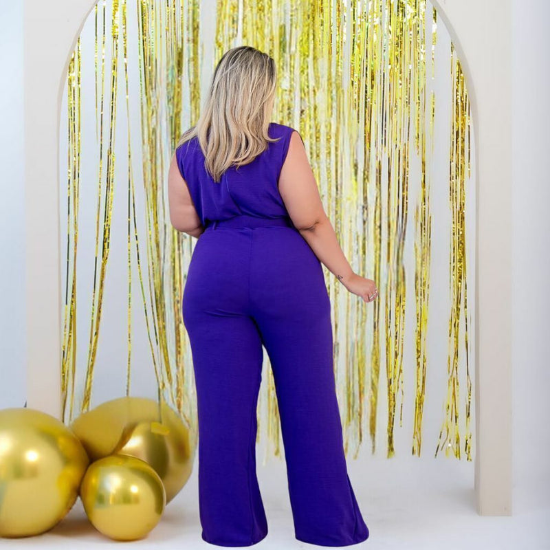 Macacão Plus Size Feminino Longo Pantalona c Cinto Corrente 0330