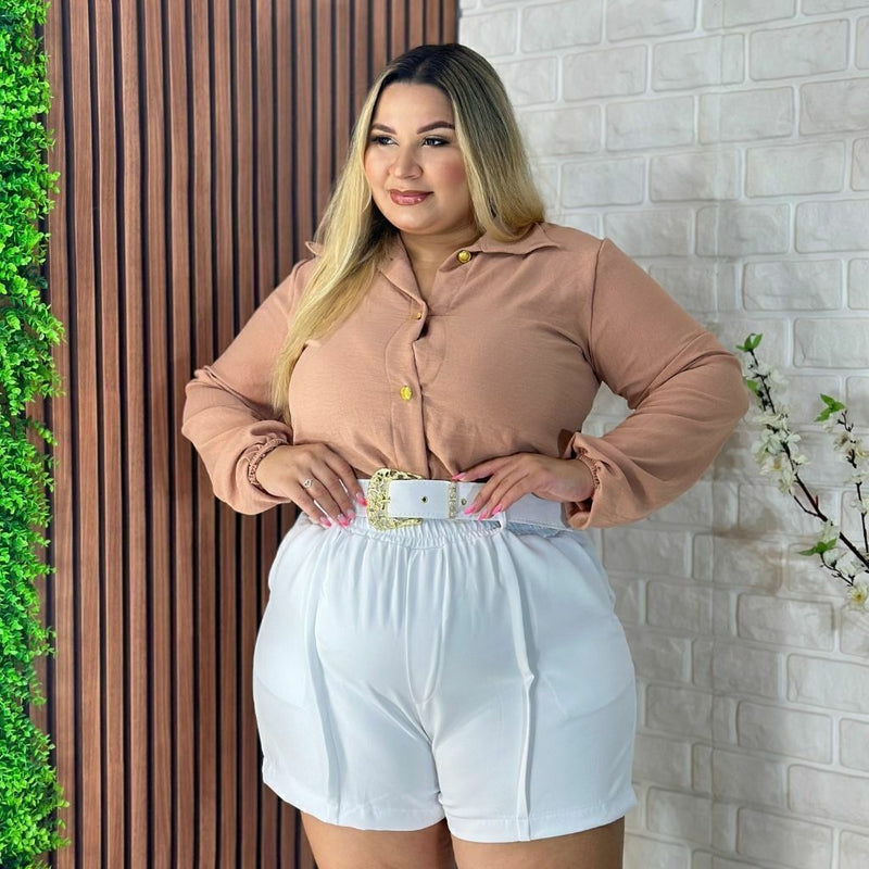 Conjunto Plus Size Feminino Blusa Social e Short com Cinto