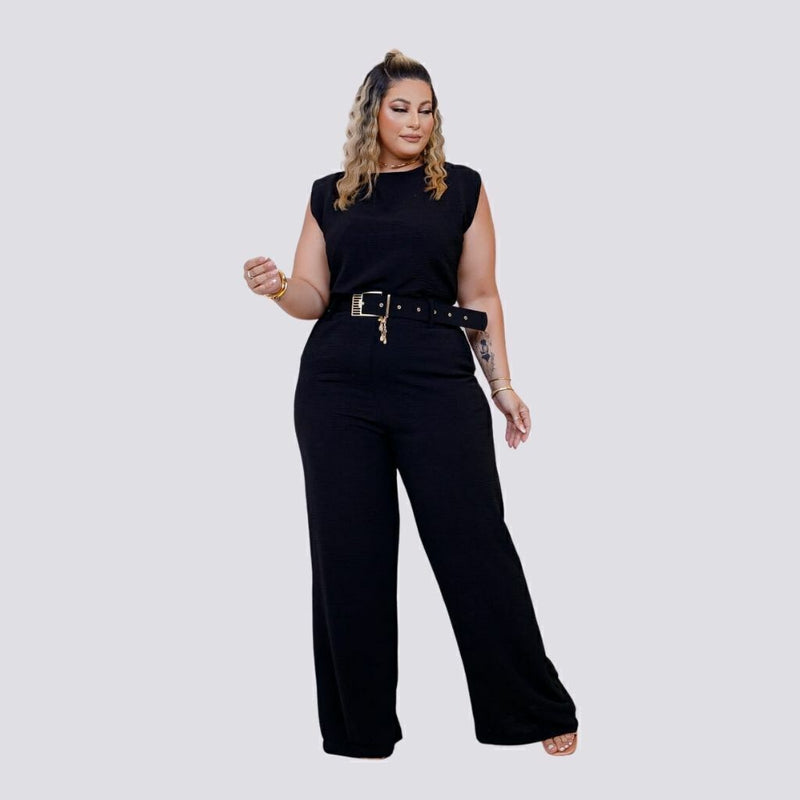 Macacão Plus Size Feminino Longo Pantalona c Cinto Corrente 0330