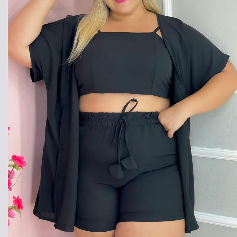 Conjunto Plus Size 3 Peça Short Cropped Kimono 0215