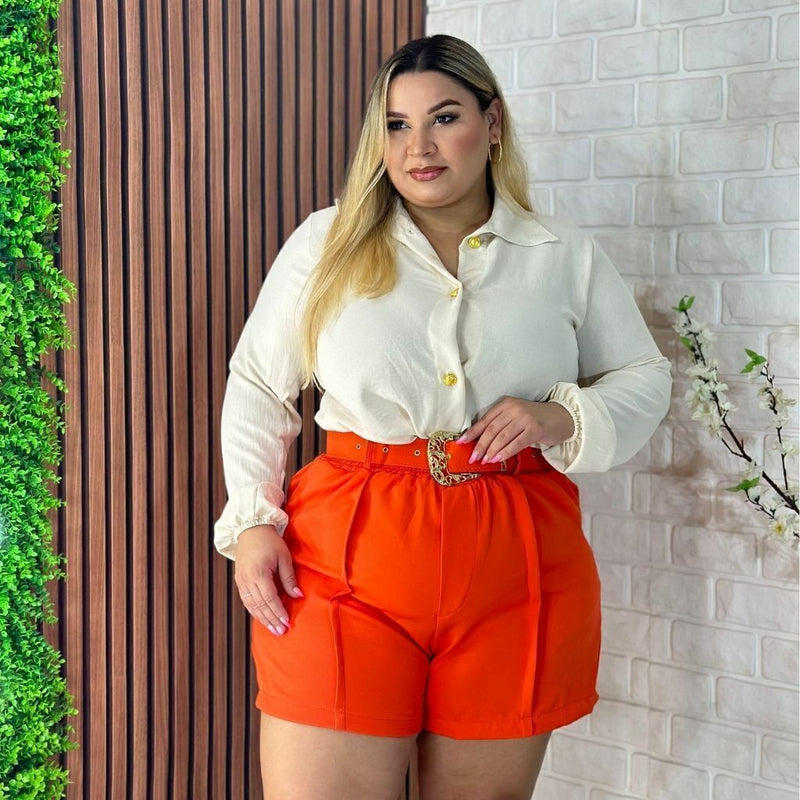 Conjunto Plus Size Feminino Blusa Social e Short com Cinto