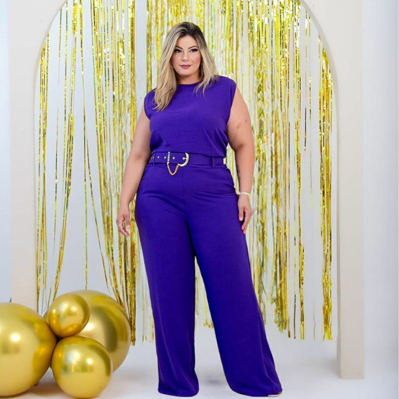 Macacão Plus Size Feminino Longo Pantalona c Cinto Corrente 0330