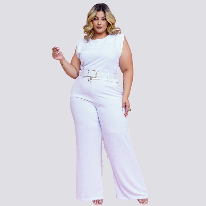 Macacão Plus Size Feminino Longo Pantalona c Cinto Corrente 0330