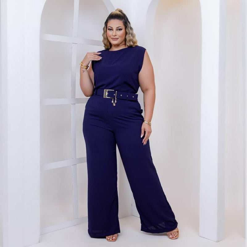 Macacão Plus Size Feminino Longo Pantalona c Cinto Corrente 0330