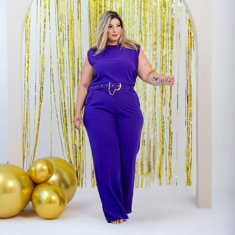 Macacão Plus Size Feminino Longo Pantalona c Cinto Corrente 0330